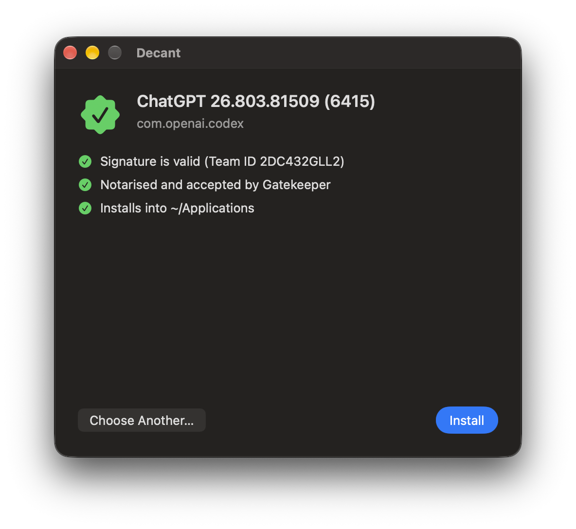 Decant.app showing an app whose signature and notarization checks have passed, with an Install button